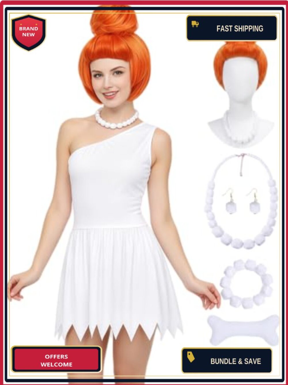 Women's Halloween Costume Set White Dress Wig Necklace 7pc Cosplay